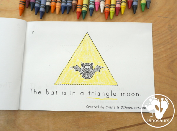 Free Bat & Moon Shape Easy Reader Book - a simple 10 page shape book with 9 shapes for kids to learn with a fun bat and moon theme - 3Dinosaurs.com