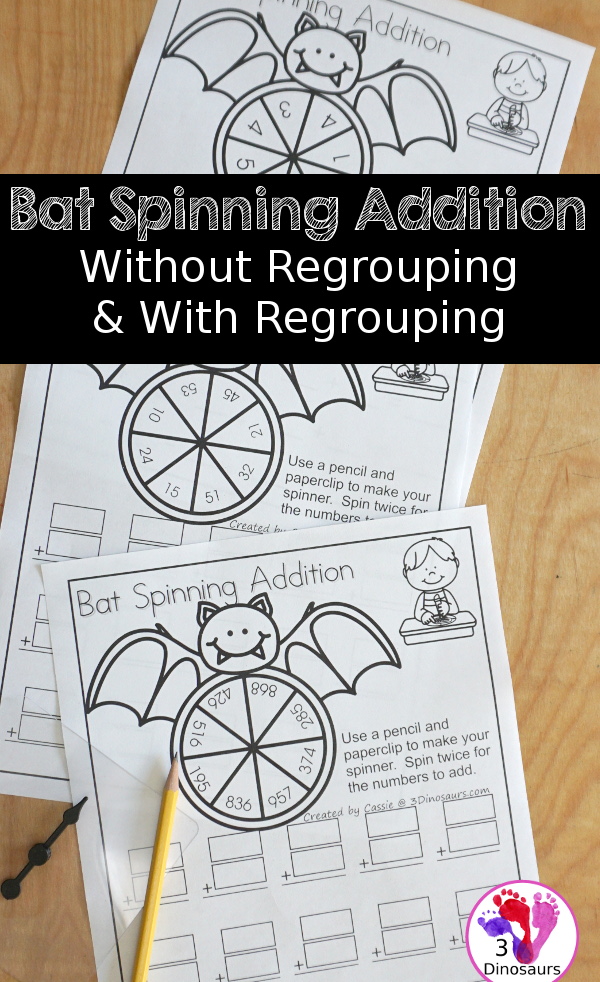 Free Bat Spinning Addition- Easy No-Prep Printable - 3 levels of addition with single digit, double digit and triple digit for kids to work on addition with and without regrouping - 3Dinosaurs.com - 3Dinosaurs.com