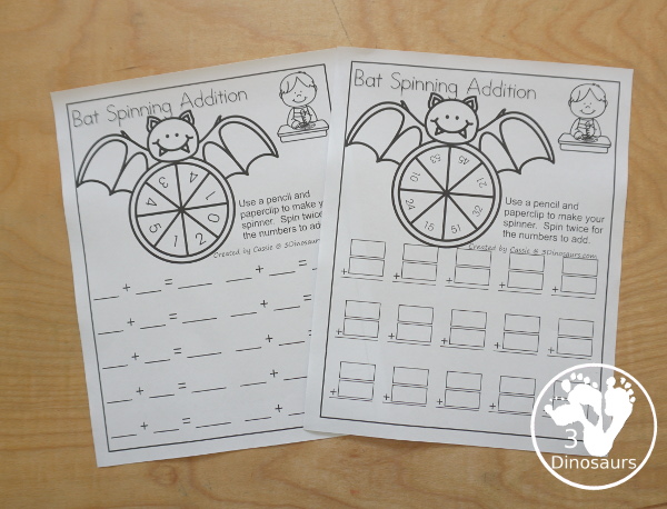 Free Bat Spinning Addition- Easy No-Prep Printable - 3 levels of addition with single digit, double digit and triple digit for kids to work on addition with and without regrouping - 3Dinosaurs.com - 3Dinosaurs.com