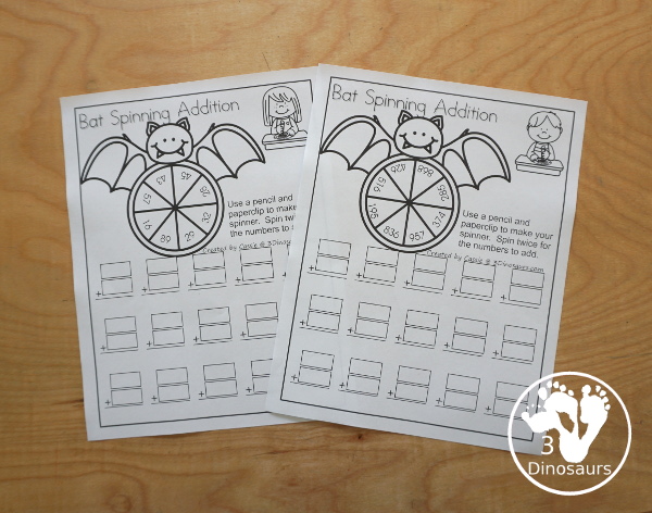 Free Bat Spinning Addition- Easy No-Prep Printable - 3 levels of addition with single digit, double digit and triple digit for kids to work on addition with and without regrouping - 3Dinosaurs.com - 3Dinosaurs.com