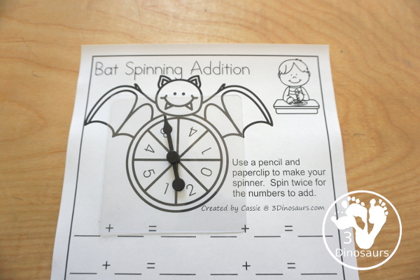 Free Bat Spinning Addition- Easy No-Prep Printable - 3 levels of addition with single digit, double digit and triple digit for kids to work on addition with and without regrouping - 3Dinosaurs.com - 3Dinosaurs.com