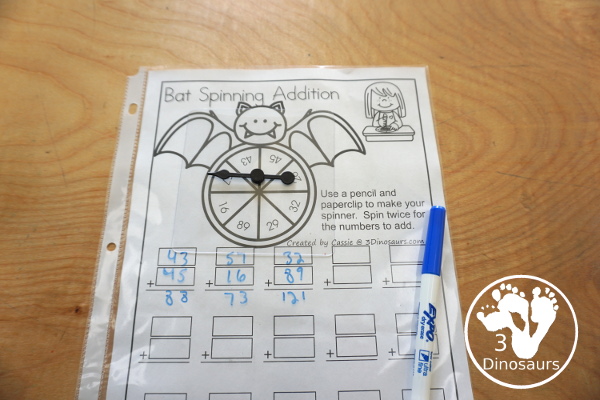 Free Bat Spinning Addition- Easy No-Prep Printable - 3 levels of addition with single digit, double digit and triple digit for kids to work on addition with and without regrouping - 3Dinosaurs.com - 3Dinosaurs.com