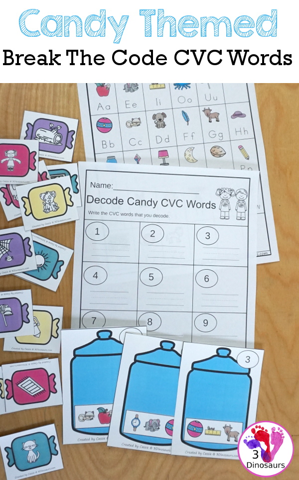 Free Candy Break the Code CVC Word Cards - 12 words to decode with matching picture and recording sheet - a fun set of printables to work on sounds of letters - 3Dinosaurs.com