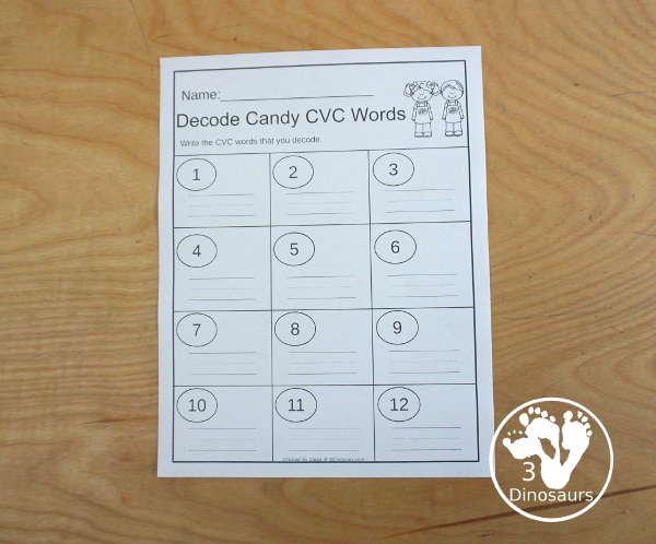 Free Candy Break the Code CVC Word Cards - 12 words to decode with matching picture and recording sheet - a fun set of printables to work on sounds of letters - 3Dinosaurs.com