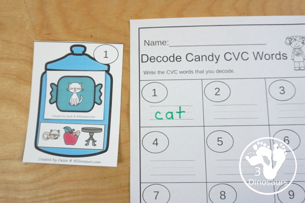 Free Candy Break the Code CVC Word Cards - 12 words to decode with matching picture and recording sheet - a fun set of printables to work on sounds of letters - 3Dinosaurs.com