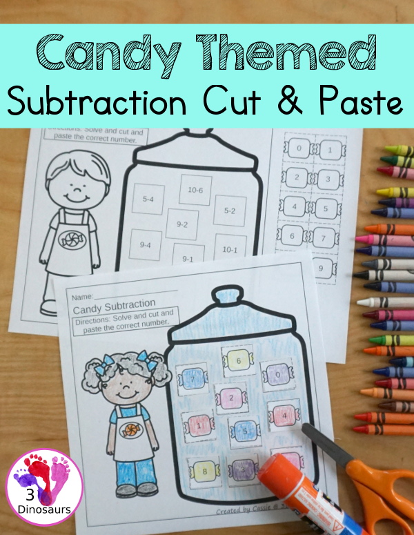 Free Candy Subtraction Cut & Paste Worksheet - 2 cut and paste worksheets for kids to work on subtraction from 1 to 10 and subtraction from 1-15 with 10 equations each - 3Dinosaurs.com