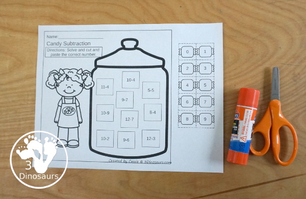 Free Candy Subtraction Cut & Paste Worksheet - 2 cut and paste worksheets for kids to work on subtraction from 1 to 10 and subtraction from 1-15 with 10 equations each - 3Dinosaurs.com