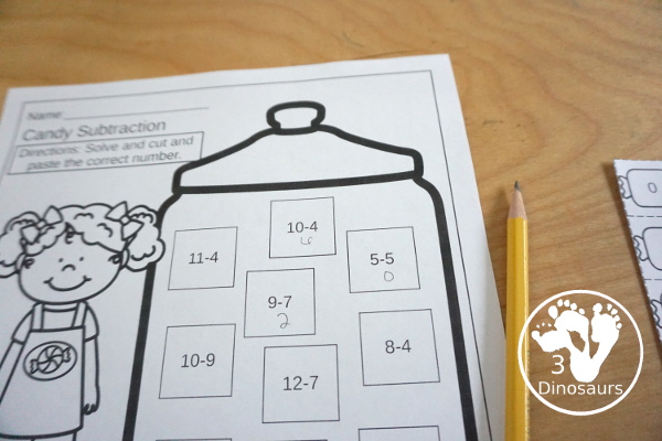 Free Candy Subtraction Cut & Paste Worksheet - 2 cut and paste worksheets for kids to work on subtraction from 1 to 10 and subtraction from 1-15 with 10 equations each - 3Dinosaurs.com