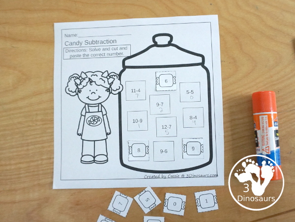 Free Candy Subtraction Cut & Paste Worksheet - 2 cut and paste worksheets for kids to work on subtraction from 1 to 10 and subtraction from 1-15 with 10 equations each - 3Dinosaurs.com