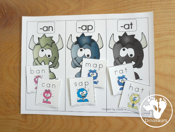 Free Monster CVC Vowel Sorting: AT, AP & AN - a fun sorting mat with three monsters, 5 cvc words to sort to each mat and matching recording sheet for kids in kindergarten learning CVC words - 3Dinosaurs.com