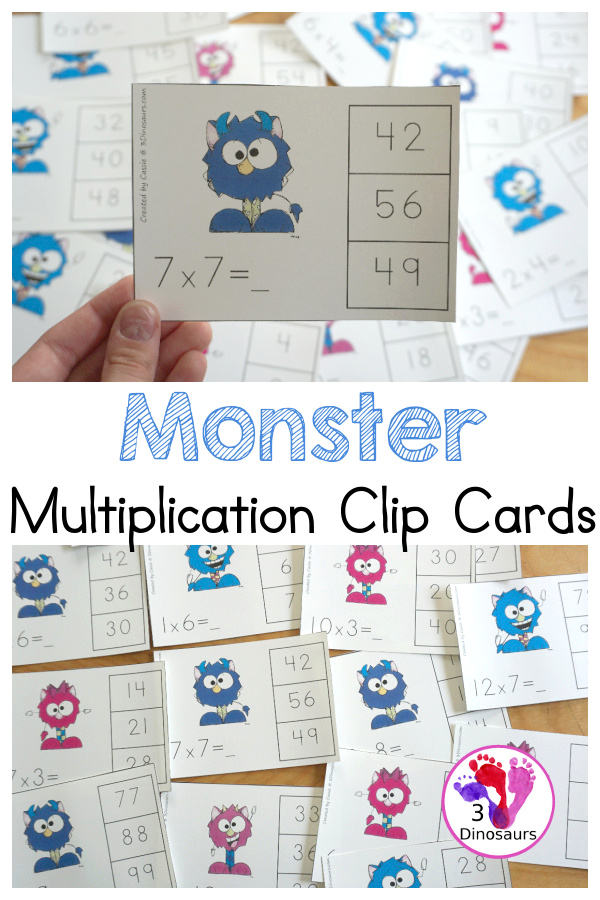 Free Monster Multiplication Clip Cards - with multiplication from 1 to 12 for kids to work on clipping the correct answer for the multiplication with 4 cards for each number with 12 pages of printables - 3Dinosaurs.com