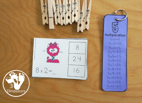 Free Monster Multiplication Clip Cards - with multiplication from 1 to 12 for kids to work on clipping the correct answer for the multiplication with 4 cards for each number with 12 pages of printables - 3Dinosaurs.com