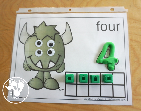 Free Monster Count Mats from 1 to 10 - Easy to use monster counting mats with numbers 1 to 10 with playdough number, counting area and ten frames - 3Dinosaurs.com
