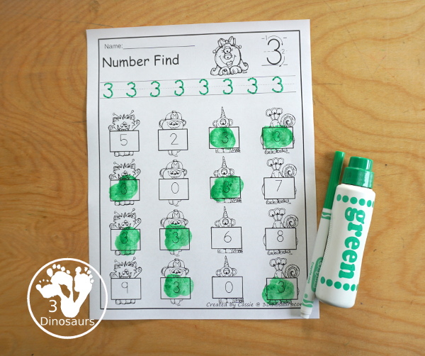 Monster Number Find - with number digit and number word for kids to work on tracing and finding - 3Dinosaurs.com