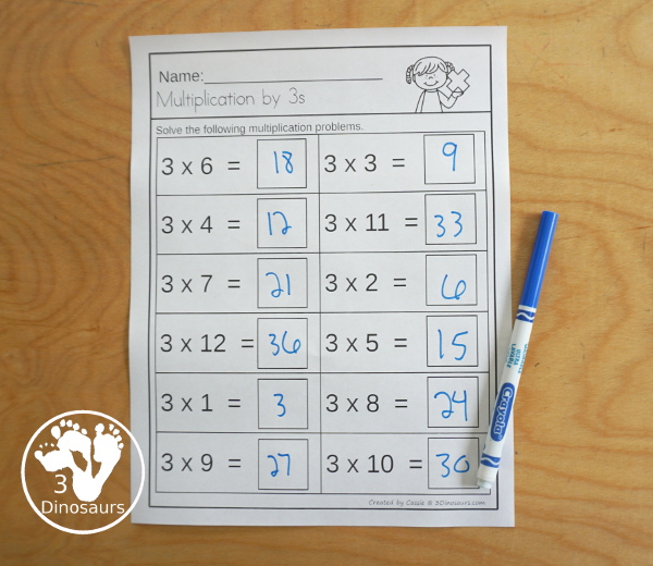 Multiplication Practice Worksheet Printable - no-prep multiplication worksheet that work numbers from 1 to 12 with two worksheets for each number - 3Dinosaurs.com