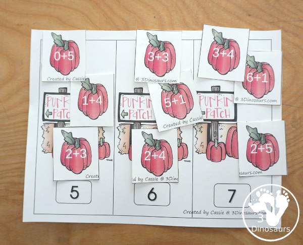 Free Pumpkin Addition Sorting - You have three numbers to sort pumpkins to with addition for 5, 6, and 7. - 3Dinosaurs.com
