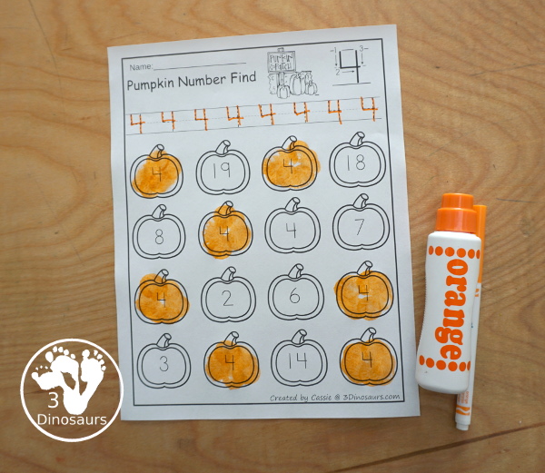 Pumpkin Themed Number Find: with number digit and number words with to find with tracing- 3Dinosaurs.com