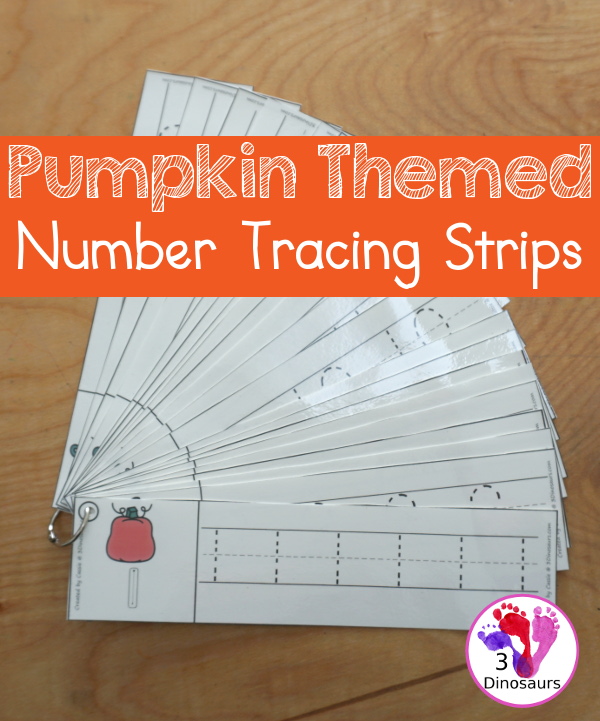 Free Pumpkin Number Tracing Strips - with numbers 1 to 20 with tracing the number and an example of how to write the number - 3Dinosaurs.com