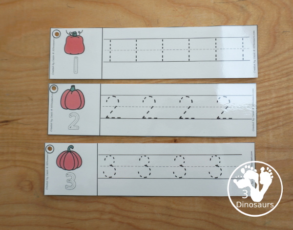 Free Pumpkin Number Tracing Strips - with numbers 1 to 20 with tracing the number and an example of how to write the number - 3Dinosaurs.com