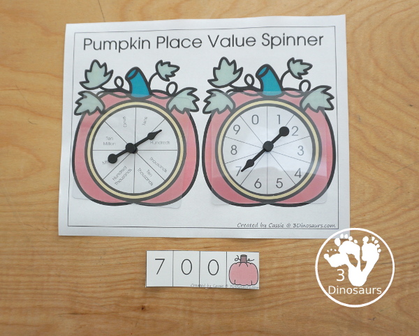 Free Pumpkin Spin & Write Place Value - You have 5 different spinners and 4 recording mats in color and black and white with place value from ones to Ones, Tens, Hundreds, Thousands, Ten Thousand, Hundred Thousands, Million, & Ten Million  - 3Dinosaurs.com