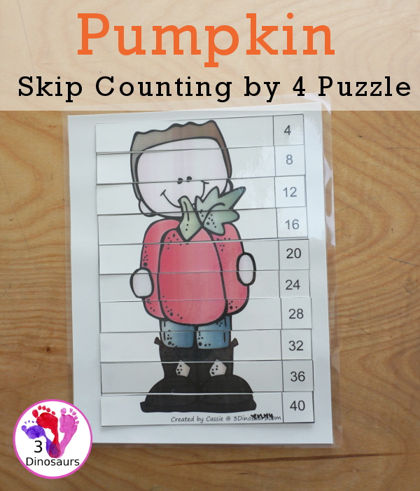 Free Pumpkin Skip Counting by 4 Puzzles - two fun free skip counting puzzles that work on skip counting from 4 to 40 and 44 to 80 - 3Dinosaurs.com