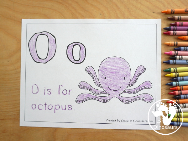 Romping & Roaring O Pack: Letter O is for Octopus  - a letter O pack that has prewriting, finding letters, tracing letters, coloring pages, shapes, puzzles and more - 3Dinosaurs.com