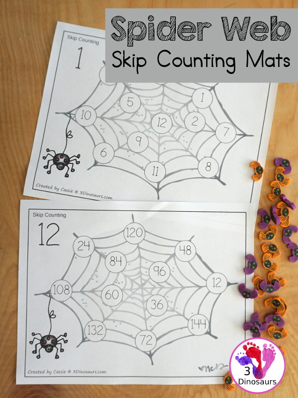 Free Spider Skip Counting Mat: Numbers 1 to 12 - fun skip counting mats that you can use for skip counting 12 times for each number - 3Dinosaurs.com