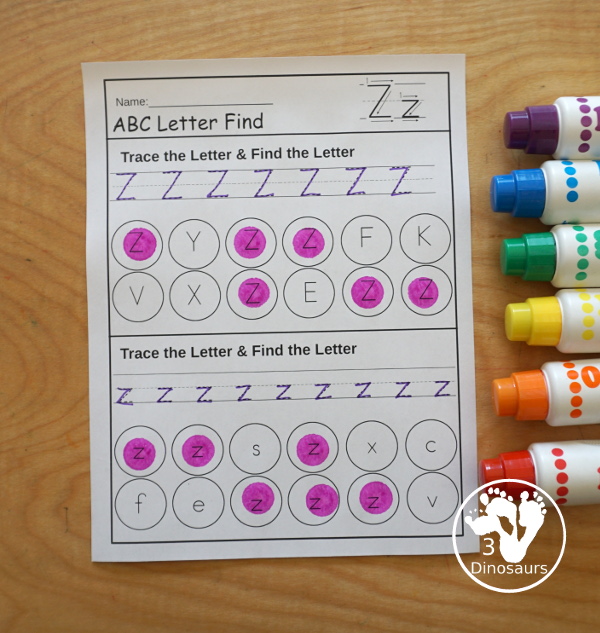 ABC Letter Find With Tracing and Finding Uppercase & Lowercase Letters - you have a section to trace and find the uppercase letter and then a section to trace and find the lowercase letter. All 26 letters of the alphabet - 3Dinosaurs.com