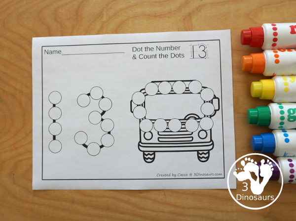 Fire Truck Dot the Number & Counting -  Numbers 1 to 20 : has a fire truck with dots for kids to count and a dot marker number that kids can dot. The dot marker printable comes in color and black and white. It has numbers 0 to 20. - 3Dinosaurs.com