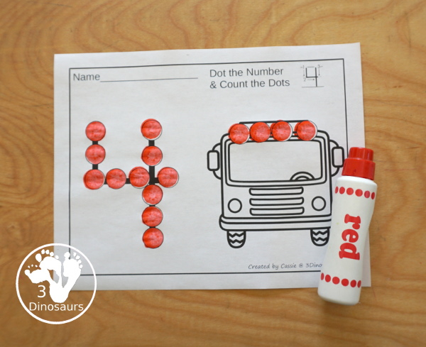 Fire Truck Dot the Number & Counting -  Numbers 1 to 20 : has a fire truck with dots for kids to count and a dot marker number that kids can dot. The dot marker printable comes in color and black and white. It has numbers 0 to 20. - 3Dinosaurs.com