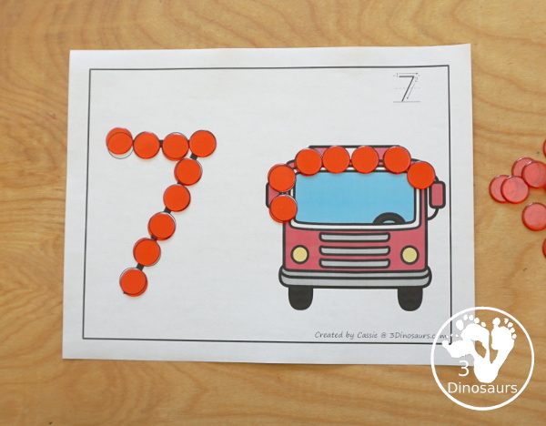 Fire Truck Dot the Number & Counting -  Numbers 1 to 20 : has a fire truck with dots for kids to count and a dot marker number that kids can dot. The dot marker printable comes in color and black and white. It has numbers 0 to 20. - 3Dinosaurs.com