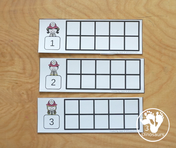 Free Firefighter Ten Frames Numbers 1 to 10 - with two sets of ten frames to work on counting from 1 to 10 with filled in ten frames to match the numbers and blank ten frames - 3Dinosaurs.com