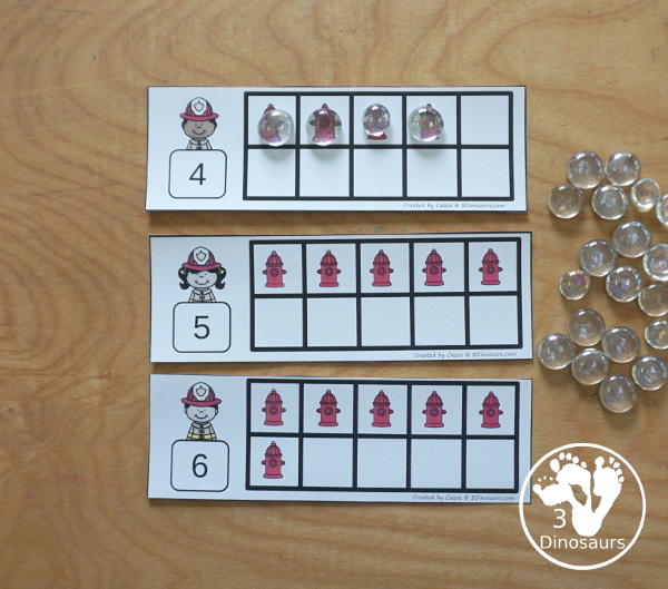 Free Firefighter Ten Frames Numbers 1 to 10 - with two sets of ten frames to work on counting from 1 to 10 with filled in ten frames to match the numbers and blank ten frames - 3Dinosaurs.com