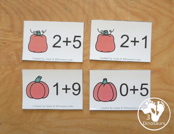 Free Pumpkin Addition Flashcards with addition from 1 to 10 with all the ways to add up to each number - 3Dinosaurs.com