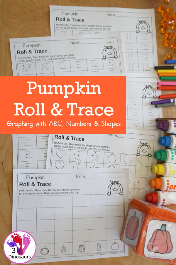 Pumpkin Roll & Graph With Trace Letters, Numbers & Shapes with a folding die and cube die with a graphing sheet, graphing with tracing numbers, graphing with tracing letters and graphing with tracing shapes. All with a fun pumpkin theme for the fall for prek and kindergarten - 3Dinosaurs.com