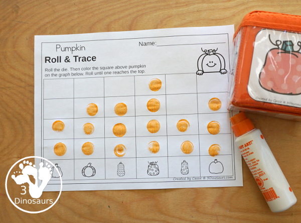 Pumpkin Roll & Graph With Trace Letters, Numbers & Shapes with a folding die and cube die with a graphing sheet, graphing with tracing numbers, graphing with tracing letters and graphing with tracing shapes. All with a fun pumpkin theme for the fall for prek and kindergarten - 3Dinosaurs.com