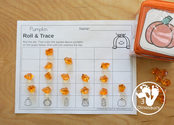 Pumpkin Roll & Graph With Trace Letters, Numbers & Shapes with a folding die and cube die with a graphing sheet, graphing with tracing numbers, graphing with tracing letters and graphing with tracing shapes. All with a fun pumpkin theme for the fall for PreK and kindergarten - 3Dinosaurs.com