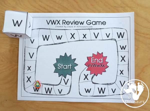 Free Romping & Roaring VWX Review Pack - with letter V, letter w, and letter x printables for reviewing the three letters with tracing, puzzles, coloring pages, finger puppets, game and more- 3Dinosaurs.com