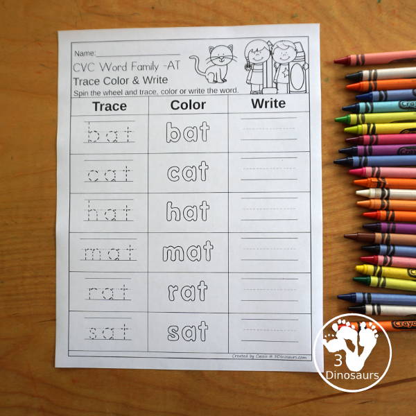 CVC Word Family: Trace, Color and Write Printable with 24 word family for kids to work on with one word family on each page and a spinner and dice options for the trace, color and write.- 3Dinosaurs.com