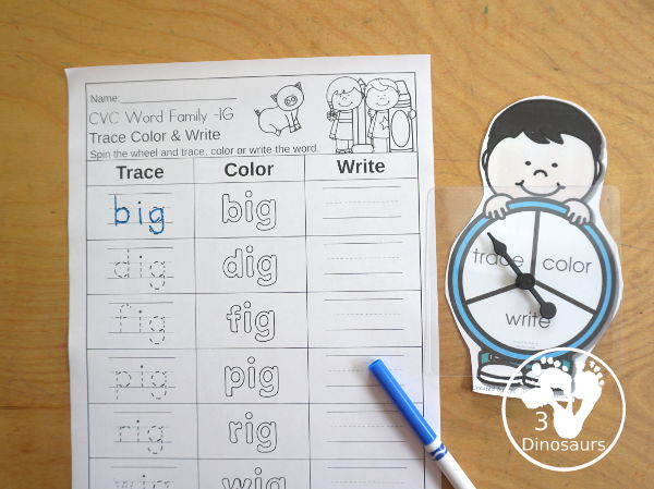 CVC Word Family: Trace, Color and Write Printable with 24 word family for kids to work on with one word family on each page and a spinner and dice options for the trace, color and write.- 3Dinosaurs.com