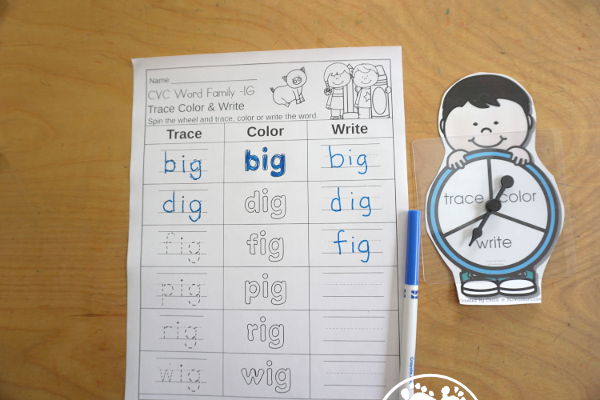 CVC Word Family: Trace, Color and Write Printable with 24 word family for kids to work on with one word family on each page and a spinner and dice options for the trace, color and write.- 3Dinosaurs.com