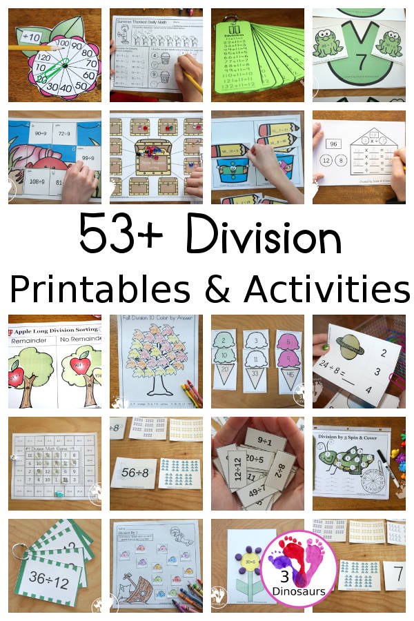 35+ Division Printables & Activities - with packs,no-prep worksheets, flashcards, clip cards, and more. They are great for second grade, third grade and fourth grade - 3Dinosaurs.com