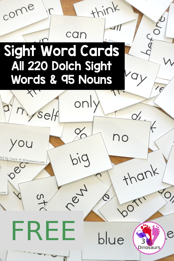 Free Sight Words Dolch Cards with all 220 dolch sight words with 95 nouns. You have preprimer, primer, first grade, second grade, third grade and nouns.