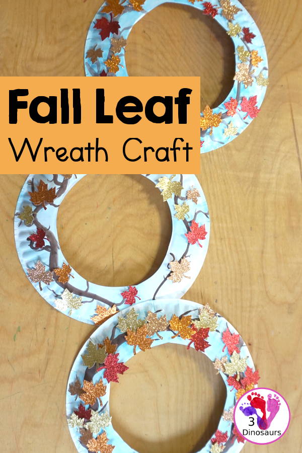 Fall Leaf Wreath Craft for Kids with a watercolor painted paper plate and leaves made from glitter paper - 3Dinosaurs.com