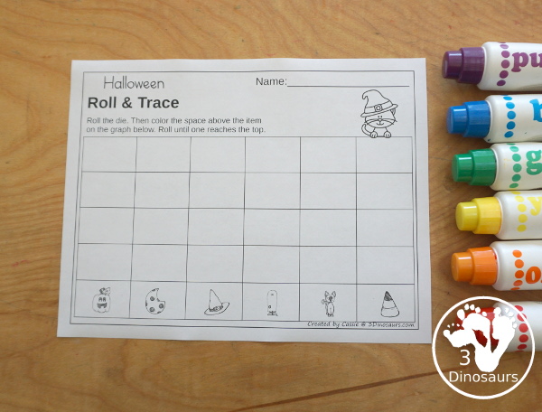 Halloween Roll & Graph With Trace Letters, Numbers & Shapes with a folding die and cube die with a graphing sheet, graphing with tracing numbers, graphing with tracing letters and graphing with tracing shapes. All with a fun Halloween theme for prek and kindergarten - 3Dinosaurs.com