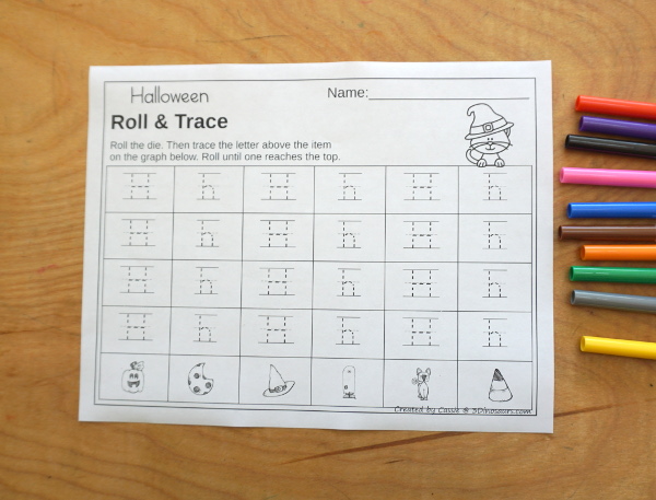 Halloween Roll & Graph With Trace Letters, Numbers & Shapes with a folding die and cube die with a graphing sheet, graphing with tracing numbers, graphing with tracing letters and graphing with tracing shapes. All with a fun Halloween theme for prek and kindergarten - 3Dinosaurs.com