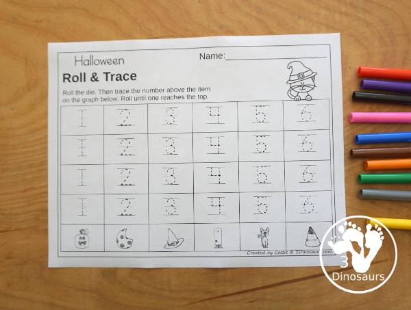 Halloween Roll & Graph With Trace Letters, Numbers & Shapes with a folding die and cube die with a graphing sheet, graphing with tracing numbers, graphing with tracing letters and graphing with tracing shapes. All with a fun Halloween theme for prek and kindergarten - 3Dinosaurs.com