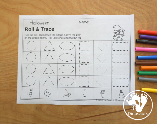 Halloween Roll & Graph With Trace Letters, Numbers & Shapes with a folding die and cube die with a graphing sheet, graphing with tracing numbers, graphing with tracing letters and graphing with tracing shapes. All with a fun Halloween theme for prek and kindergarten - 3Dinosaurs.com