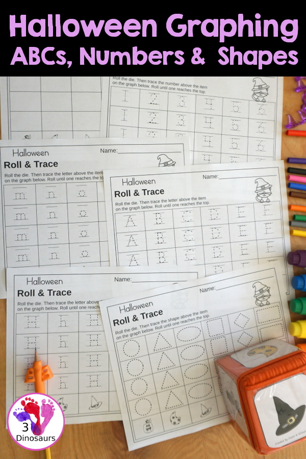 Halloween Roll & Graph With Trace Letters, Numbers & Shapes with a folding die and cube die with a graphing sheet, graphing with tracing numbers, graphing with tracing letters and graphing with tracing shapes. All with a fun Halloween theme for prek and kindergarten - 3Dinosaurs.com