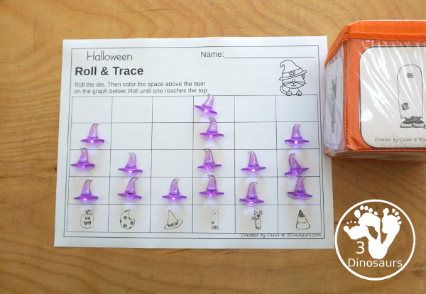 Halloween Roll & Graph With Trace Letters, Numbers & Shapes with a folding die and cube die with a graphing sheet, graphing with tracing numbers, graphing with tracing letters and graphing with tracing shapes. All with a fun Halloween theme for prek and kindergarten - 3Dinosaurs.com